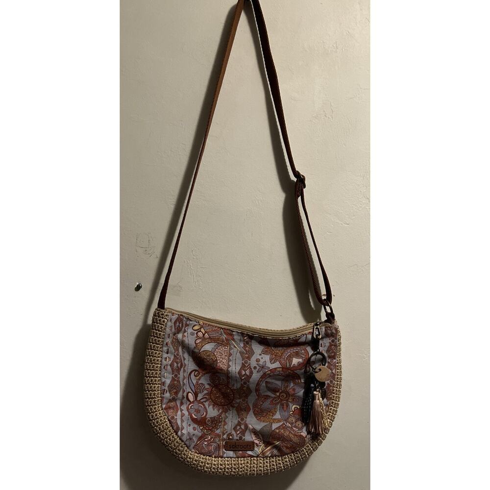 SAKROOTS Textile/Crochet Boho OWL Print Crossbody Purse w/Charm 13 x 10